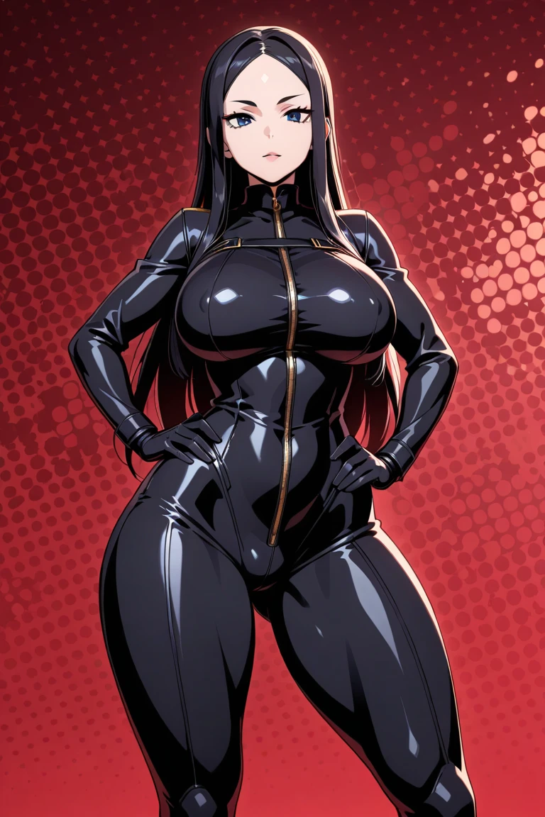 1girl black hair yellow eyes very long hair pale skin angry (((muscular))) thick thighs huge breasts curvy wide hips thin waist latex suit
