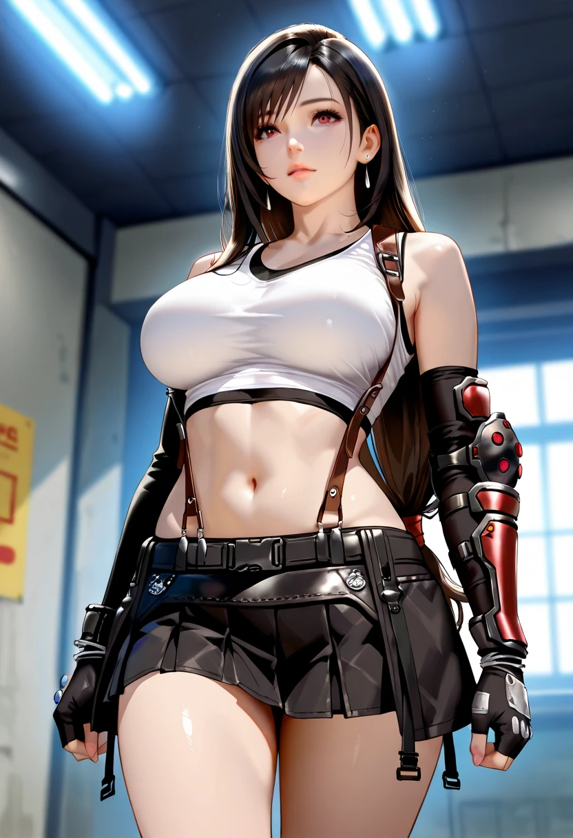 Final Fantasy VII, (nose blushing), 单面Elbow pads, Ankle boots, Black Hair, Black skirt, black High Leg Raise, Red Boots, Elbow gloves, Elbow pads, fingerless gloves, tight shirt, good exercise, (suspender Black skirt), High Leg Raise, White vest, The upper body is super realistic with thick muscles and oversized_breast!! Depending on breast type_melon, (巨大下垂的breast、Cleavage,)),cleveage、, Thick thighs,Perfect body,Black Hair, whole body, Look at the audience, Standing and posing at the bar, Sexy mouth, cosmetic, Bokeh, best quality, masterpiece, high resolution, Ultra HD, 1080p