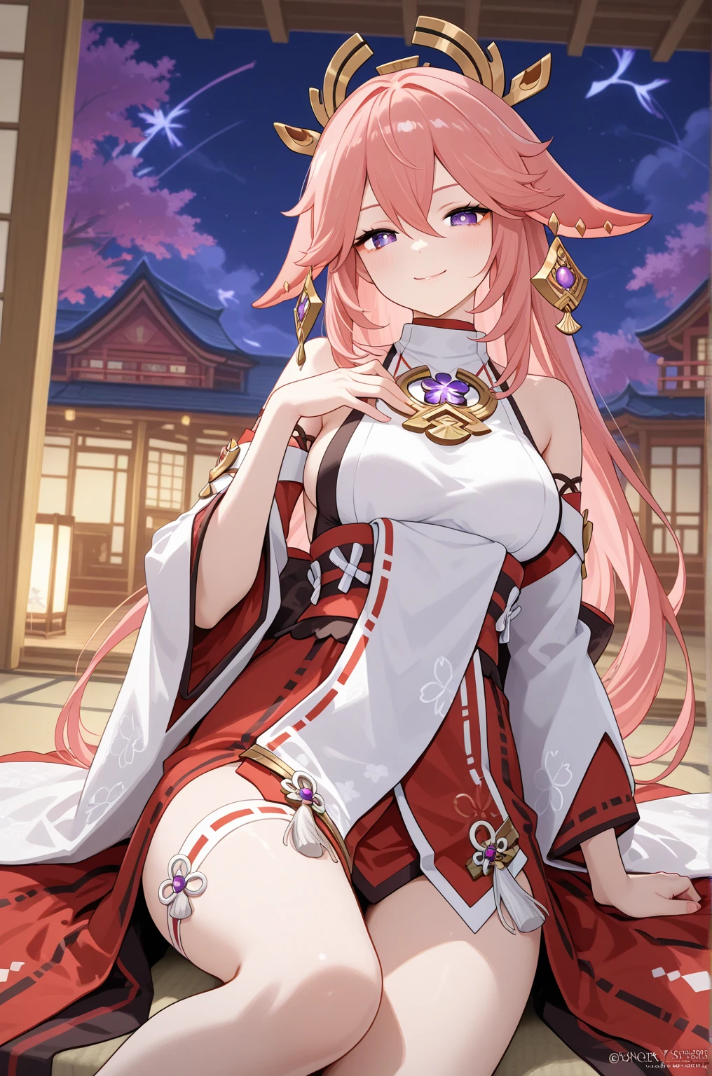 Yamikodev, Yae Miko smiles coquettishly at Japanese shrine, big breasts, Moonlight night, Stupid face,spread legs,spasming