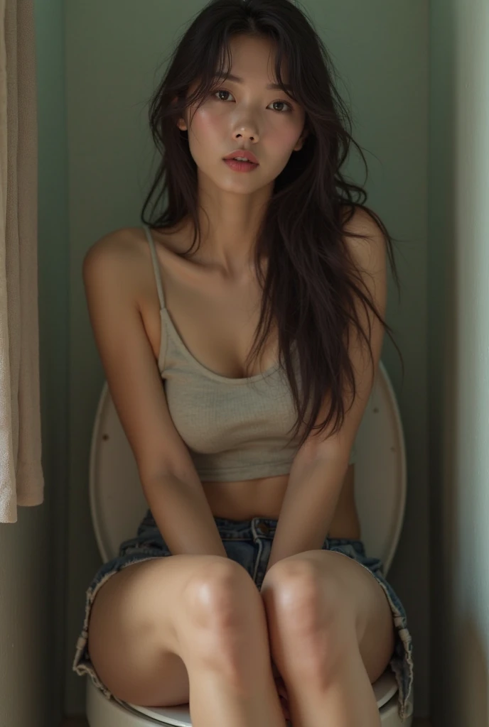 super cute, (cute 1girl:1.35, 20-year-old), Realism, (high resolution), ((heavy shadow, dramatic and cinematic lighting, key light, fill light)), ((highest quality realistic texture skin)),((highest quality realistic texture hair)), ((the most absurd quality perfect body shape)), ((small head:1.3)), slim-muscled body, ((perfect anatomically correct)), ((perfect proportions, dynamic body posture, super k-pop idol)), ((super detail beautiful slim and round face:1.3)), light pale complexion, ((Insanely detail clear and sharp perfect round realistic dark ebony_eyes:1.35)), finely detailed pupils, best detailed lips:1.23, ((super detailed and best quality super beautiful nose)), ((wearing a wet tight, soaked tight, bright, colorful, (two-piece sport suite:1.3))), ((close up of her face:1.8)), ((the girl is sitting on an open toilet bowl, with her sports shorts down to her ankles, I can see the shorts on her ankles, she is peeing, peeing into the toilet bowl: 1.35)), ((radiant [smiling], happy atmosphere:1.15)), ((lip gloss, glitter), perfect delicate everyday makeup:1.2)), 