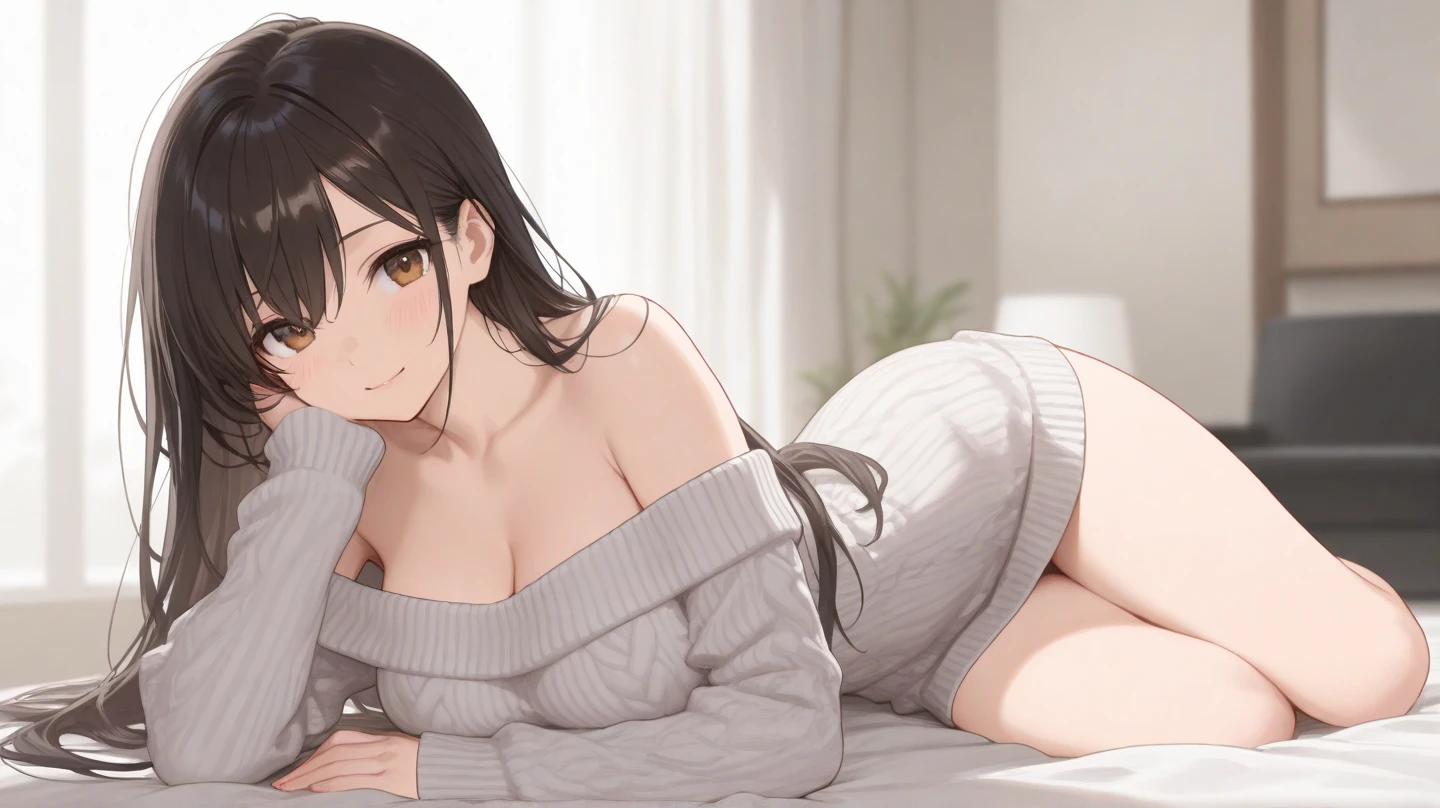 anime girl laying on bed with her legs crossed, seductive anime girl, anime moe artstyle, smooth anime cg art, small curvy loli, beautiful anime girl squatting, the anime girl is crouching, [ 4 k digital art ]!!, cute anime girl, detailed digital anime art, attractive anime girl, naughty expression, 4 k manga wallpaper, digital anime illustration