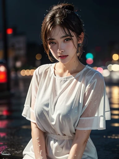 (best quality, 8ก, 32K, Masterpiece, UHD:1.2), Photo of a beautiful Japanese girl, Medium bust, Bob hairstyle, black short hair, sexy body, United States of America, incredible light, romantic atmosphere, Soaked with rain, rain, road, city scenery, feel the atmosphere, Aesthetic scent. rain , Very wet, Wet clothes, Portrait, Bokeh