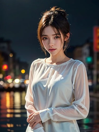 portrait photography, beautiful young woman with transparent western tunic dress, eyes visible through hair, proper eye position, natural skin, backlight, cinematic light, rim light, soft light , hips, in night time, city side background, detailed color graded background, intricate , highly detail, octane render, HD, 8k, by Annie Leibovitz