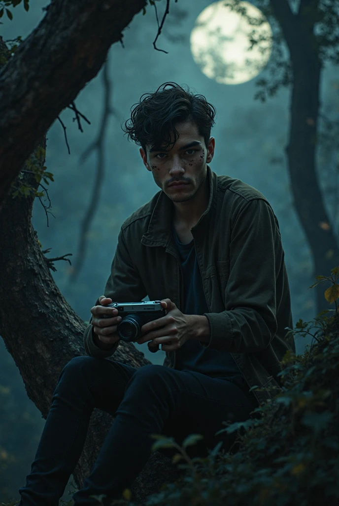 João Guilherme in a forest at night, with some bruises, sitting in a tree with a camera in his hand