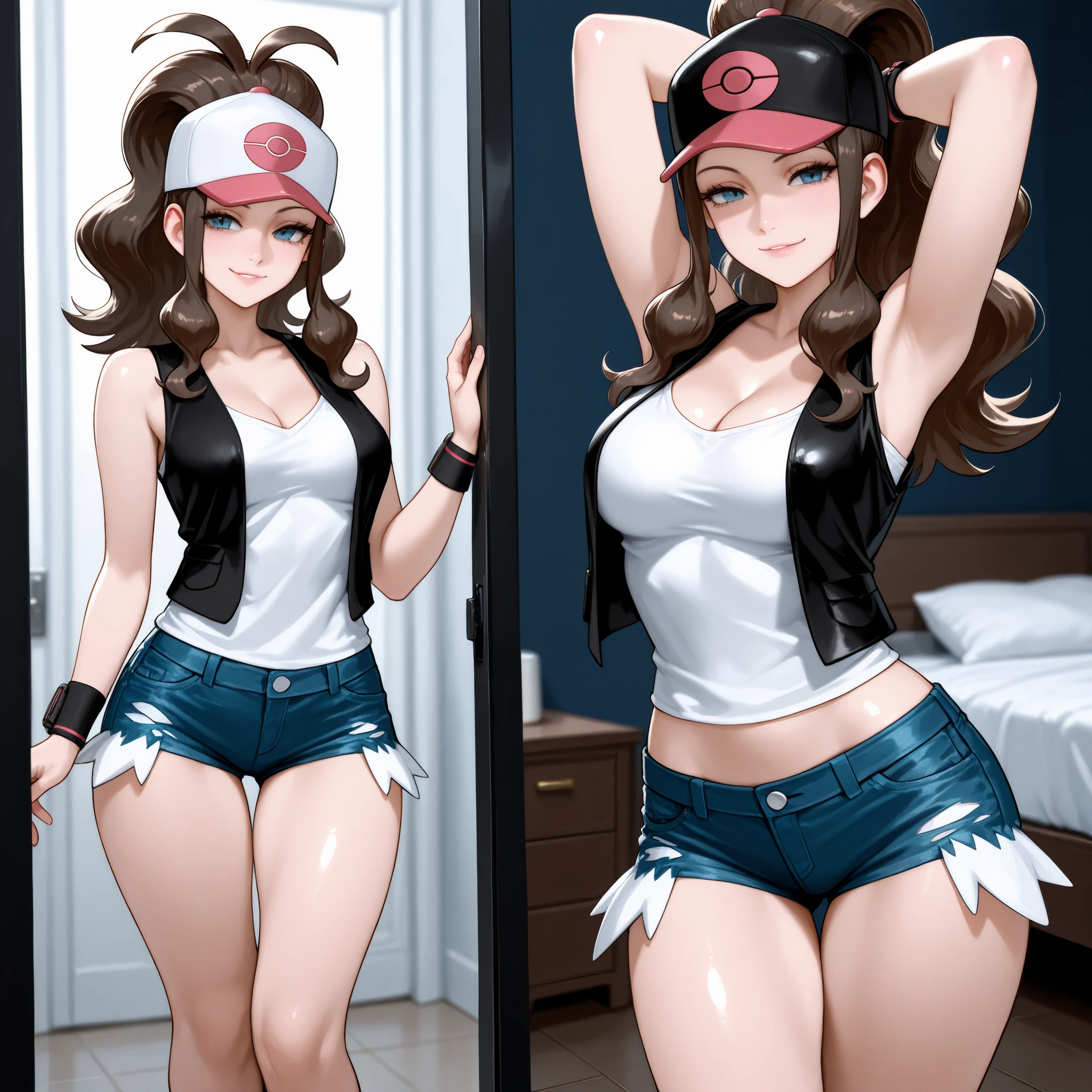 ((best quality)), ((highly detailed)), masterpiece, absurdres, extremely detailed face, beautiful face, (detailed eyes, deep eyes), (1girl), multiple views, dynamic pose, cowboy shot, <lora:hilda:1>, hilda, brown hair,, long hair, sidelocks, high ponytail, ponytail, blue eyes, smiling, hat, baseball cap, black vest, sleeveless shirt, white shirt, wristband, denim shorts, short shorts, boots, (inside, at a living room)
