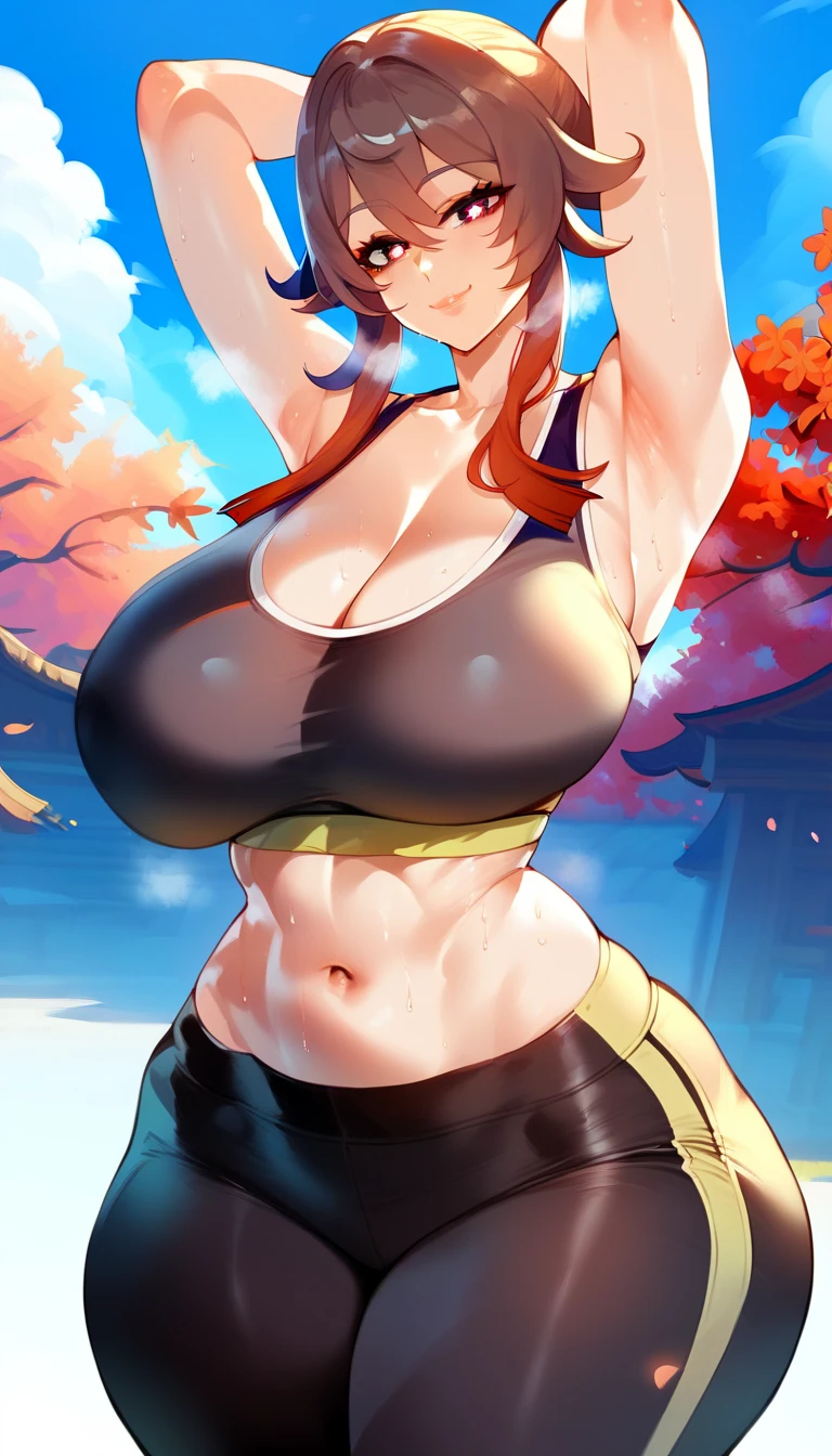 thick outline、comics、photorealistic、perfect hands、masterpiece:1.2、volcanoes、hot spring、lava、Colossal breasts mature woman、Colossal breasts mature woman、combat readiness、combat readiness、solo、dynamic pose、orasFlannery、sleeveless front tie top、cleavage、abdomen、white belt、Blue pants、gigantic breasted、Detailed background、detailed face、detailed eyes、