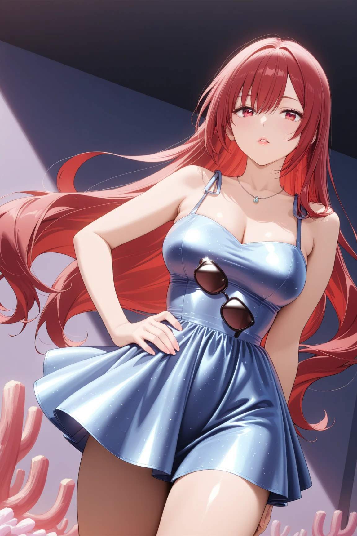 score_9, score_8_up, score_7_up, score_6_up, score_5_up, score_4_up, yu hee, red eyes, red hair, long hair, large breasts, bare shoulders,bare legs, slick back hair, butterfly earrings ,red lipstick , sequin dress