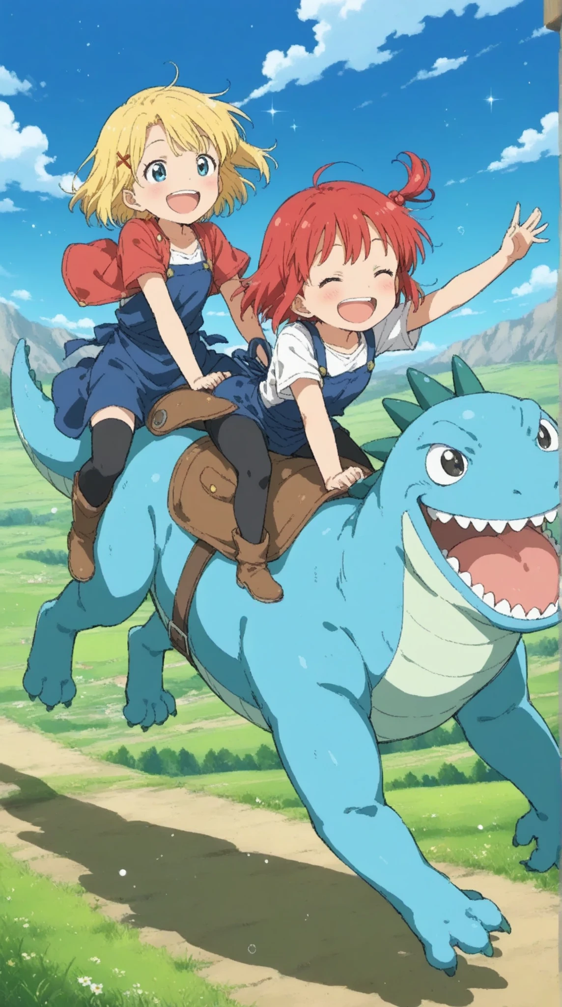 masterpiece, best quality, school girl, cute, ginger hair, green eyes, pig tails, climbing wall, torn plaid skirt, printed panties, bare buttocks, torn black socks, red backpack, red shoes, (bitten in the ass by crocodile), surprised, from below