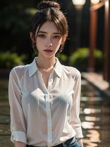 (RAW shooting, realistic:1.5, 8K, Highest quality, Masterpiece, Ultra high resolution), Perfect dynamic composition:1.2, Night street corner of modern city, expression of sadness:0.5, heavy rain:1.3, Highly detailed skin and facial features:1.2, one Slim lady wet in the rain:1.3, white skin:1.2, perfect style:1.2, beautiful and beautiful:1.1, Very beautiful face:1.2, water droplets on the skin, and face:1.2, (rain drips all over my body:1.2, wet body:1.2, Wet hair:1.3, The black tight skirt was wet.:1.2, A wet white short-sleeved shirt:1.3), Brown suede belt:1.2, Black bra under white shirt:1.4, white sneakers, (cry, Heartbreak, The expression on your face when you feel a strong touch., Facial expressions when feeling pleasure), (beautiful blue eyes, Eyes that give a feeling of elegance and beauty:0.8), (Too erotic:0.9, Fascinating:0.9), upper body, close up, rain, metal shirt buttons:1.2, metal plate buckle:1.3, at night:1.2, Thai University Uniform, at night:1.3, stand, rain foreground and background
