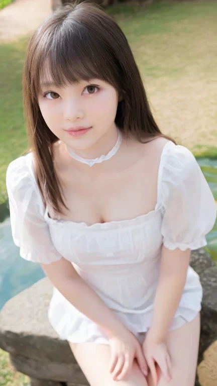 best quality, detailed, beautiful, insanely detailed, absurdres,perfect anatomy,
Japanese woman,black hair,27 years old,
(slender),
(small breasts best quality),
cheerful grin, squatting, braid, ((Wearing white panties)),((Panties are visible)),black mini skirt, (wearing a loose t-shirt),(cleavage:1.5), (downblouse:1.6), park fountain, cowboy shot, front view, ground-level shot