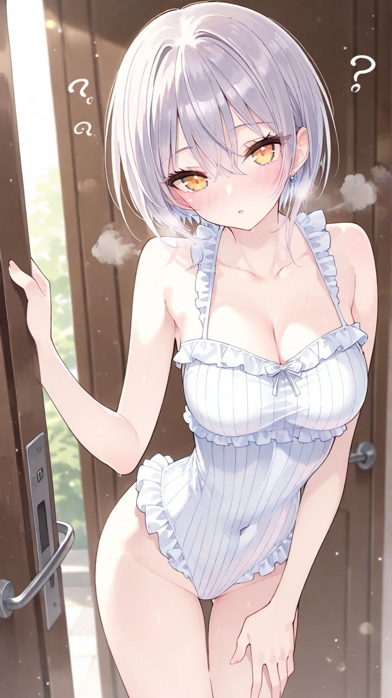 Top quality, (masterpiece: 1.2), very detailed, own room, 1 girl, solo, (muse), smile, watching the viewer, gray hair, circle of angels, short hair, hair ornament, green eyes, light in the eyes, white sailor suit, white underwear, in the middle of changing, realistic, from the knee up, glowing skin, fair skin, (medium breasts) ultra-realistic, realistic, realistic, portrait, blur,