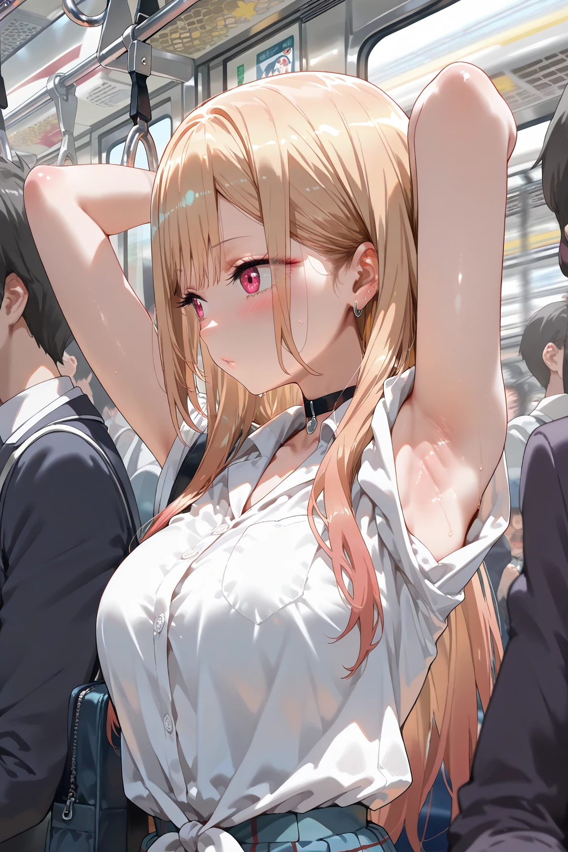 masterpiece, top quality, high resolution,
grasp, ,
high school girl grabbed by the buttocks on the train,
(school uniform, pleated skirt),
beautiful 1 girl, beatrix amerhauser, long hair, blue eyes, blonde hair, gloves, ponytail beautiful face, beautiful detailed eyes, beautiful butt , beautiful back, beautiful thigh,
(3 man, (molesting), (man grabbing girl butt on the train:1.5, man grabbing girl chest on the train:1.2)),