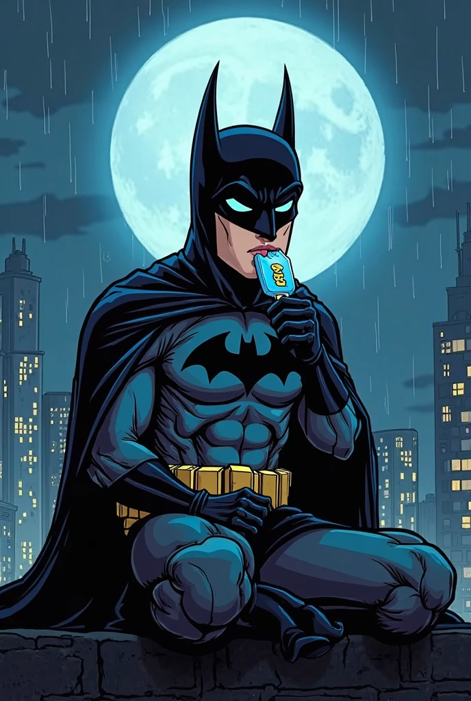 Batman smoking a blunt sitting on the batmobile