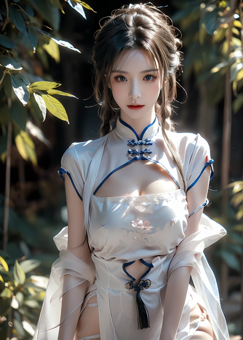 ((Best Quality, 8K, Masterpiece: 1.3)), cowboy shot, extremely Cute Beautiful Woman, 1 Girl, (Beautiful Breasts:1.3), (Abs, Slender Figure: 1.1), Sharp Focus, (((Intricate Details)), High Detail, Upper Body, One Girl, Black twin-buns Hair with bangs, chinese kanzashi, (white luxury satin cleavage cut-out evening Chinese dress:1.5), lace, detailed evening dress, 8K, 8K Resolution, clean detailed face, Detailed Body, Detailed Clothes, Sharp Images, hyper-sharp image, Japan Anime Concept Art, trending on Artstation, ((looking the viewer, facing the viewer, staring the viewer:1.3)), seductive sexy pose, ((seductive smile, light smile:1.25)), pink lipstick, bokeh, field of depth, 8.5 life size, 8k resolution, (shot on EOS 5D Mark IV, 35mm lens, f1.8), (ancient Chinese Street Background, no-human simple background, detailed background), ((frame the head:1.3), detailed human hands, perfect human hands, perfect anatomy, perfect proportion, perfect rounded huge breast, ultra-sharp focus,