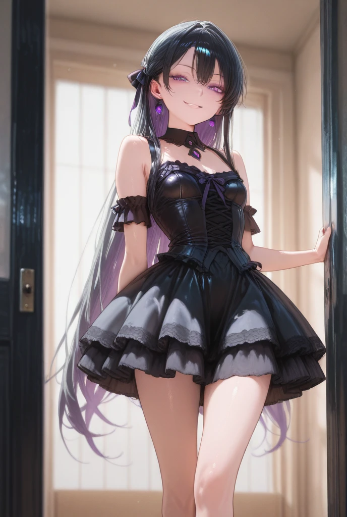 hight resolution, top-quality, ultra-quality, The ultra-detailliert, lighting like a movie、girl with、Black Dress、Prickly bangles、Blue-haired twintails(Purple gradient)、tiny chest、Aimei、Black High Heels、embarrassed from、full of sweat、Wearing sweat、black panties、