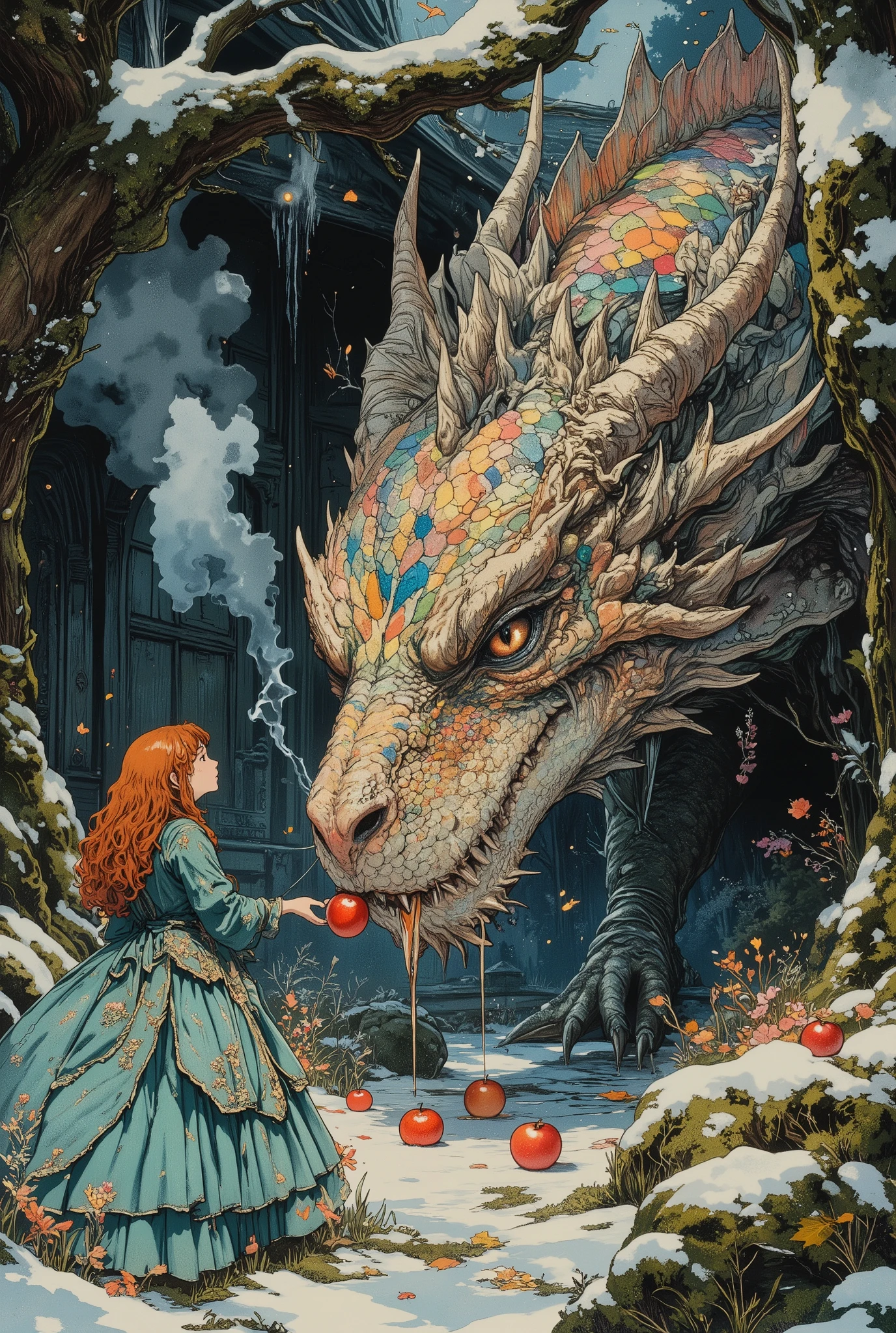 In the heart of a dark old garden, where ancient, moss-covered apple trees stand like silent guardians, a girl with long red curly hair peacefully feeds red apples to a huge terrifyingly beautiful fantastic dragon covered with rainbow scales, shimmering in the sun, each scale seems to be painted with ink, a subtle oriental pattern.The girl trustfully holds out an apple to the dragon's face, to the largest nostrils, from which clouds of steam are pouring out. Her long Victorian-style dress with turquoise ruffles, decorated with intricate embroidery, falls in folds. The luxurious fabric reflects the brilliance of light, creating subtle highlights and shadows. Her eyes are large and cavernous, with long thick eyelashes trustfully looking at the dragon and her expression is calm.A drunken, satisfied dragon eats apples. The mouth is open. The dragon's transparent, serpentine amber eyes are narrowed with pleasure. Apple juice flows down his huge muzzle.Apples are scattered on the frozen grass, covered with snow in some places. The dragon's body is elongated, with powerful, thick-clawed paws. Webbed mother-of-pearl wings flutter in the strong autumn wind. The background is a beautiful autumnal old garden, lush and overgrown, flooded with dappled light penetrating through the autumn crowns of trees, a rich play of sunlight and deep shadows creating mesmerizing patterns on the moss—covered ground, tiny glowing beetles hover in the air like magic lights. Several bright autumn garden flowers are depicted in the foreground.The composition allows you to fully see both the woman and the dragon, its huge body emphasizes the smallness and fragility of the young woman.Autumn leaves are flying everywhere. The lighting is natural: Backlit, with side lighting. Painterly and hand-drawn digital art, as if executed by the skillful hand of a virtuoso master. Watercolor, ink, the style of Kai Nielsen and Studio Ghibli. Fancy, stylized design. Semi-realistic, highly detailed.
