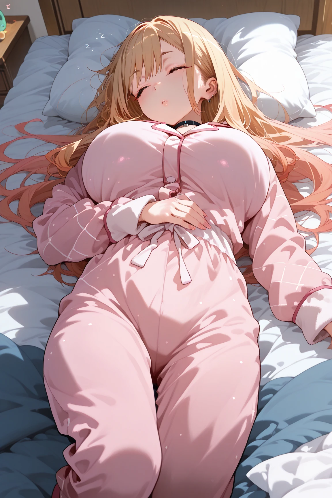 ((Best Quality)), ((Masterpiece)), (detailed), 1 girl, Pastel yellow hair, long hair, hair covers one eye, purple eyes, big breasts, big thighs, large pink hooded sweater, tight black shorts, small white tights, asleep, ojos cerrados