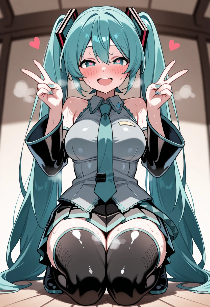 highest quality, masterpiece, High resolution, 一人in, {samidare_Fleet Collection:1.15}, (青hair), 長いhair, blue eyes, とても長いhair, 前hair, serafuku, sweep_前hair, sleeveless, smile, slope_hair, Open_mouth, blush, colorful_hair, 1 girl, elbow_gloves, gloves, looking for_in_viewer, School_uniform, Thighhighs, black_Thighhighs, skirt lift, panties, good, white underwear, flashy underwear, classroom background, squat,,((NSFW))