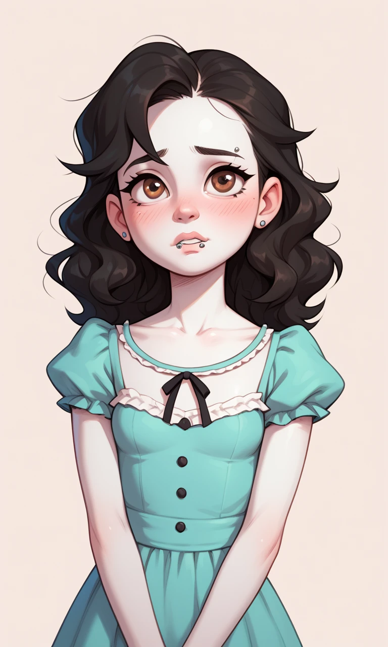 One girl, green eyes, curly hair, black hair, curly bangs, lightskin, retrato, big breasts, red dress, neckline