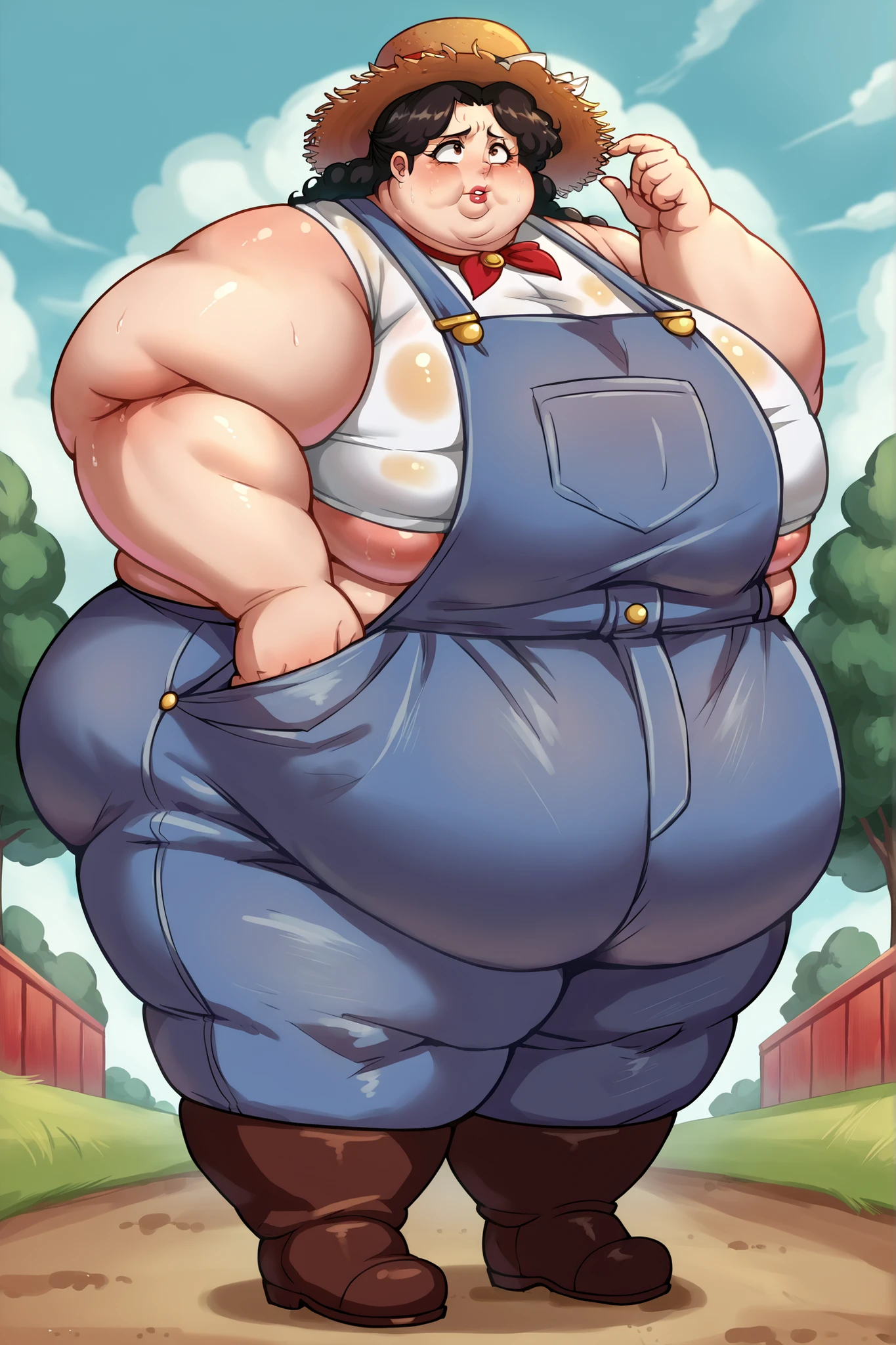 (Morbidly obese body:1.2)(Fat neck and chin:1.3)(Obese:1.1),fat, Slightly chubby, sad, farm backround, Full body, looking at viewer, 1girl, solo, short pink hair, (dark blue choker), (dark blue denim overalls), (purple eyes), (pink boots), (white shoulder lantern sleeve blouse, tucked in pants