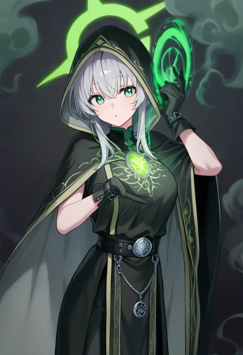 1 girl、Silver short hair、Hollow, glowing red eyes、Fantasy、witch、((黒とGreen clothes))、((Green clothes))、Aggressive design、Cape、Yellow decoration、accessories、Villain、Magical Items、whole body、Mysterious Forest、Wind Magic、Dark Magic、Dark Aura