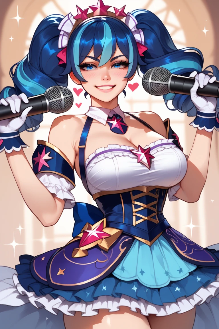 best quality, (masterpiece),(ultra-detailed), (high quality), (high resolution), (3heads:1.5) 1girl, (hot pink hair), (blue hair), ((different hair colors), purple eyes, hair ornaments, magenta armor chest piece, same hair color, teenage girl,((violet magical girl)), magical girl, gentle smile, high school background, (high ponytail), white collar, exposed midriff