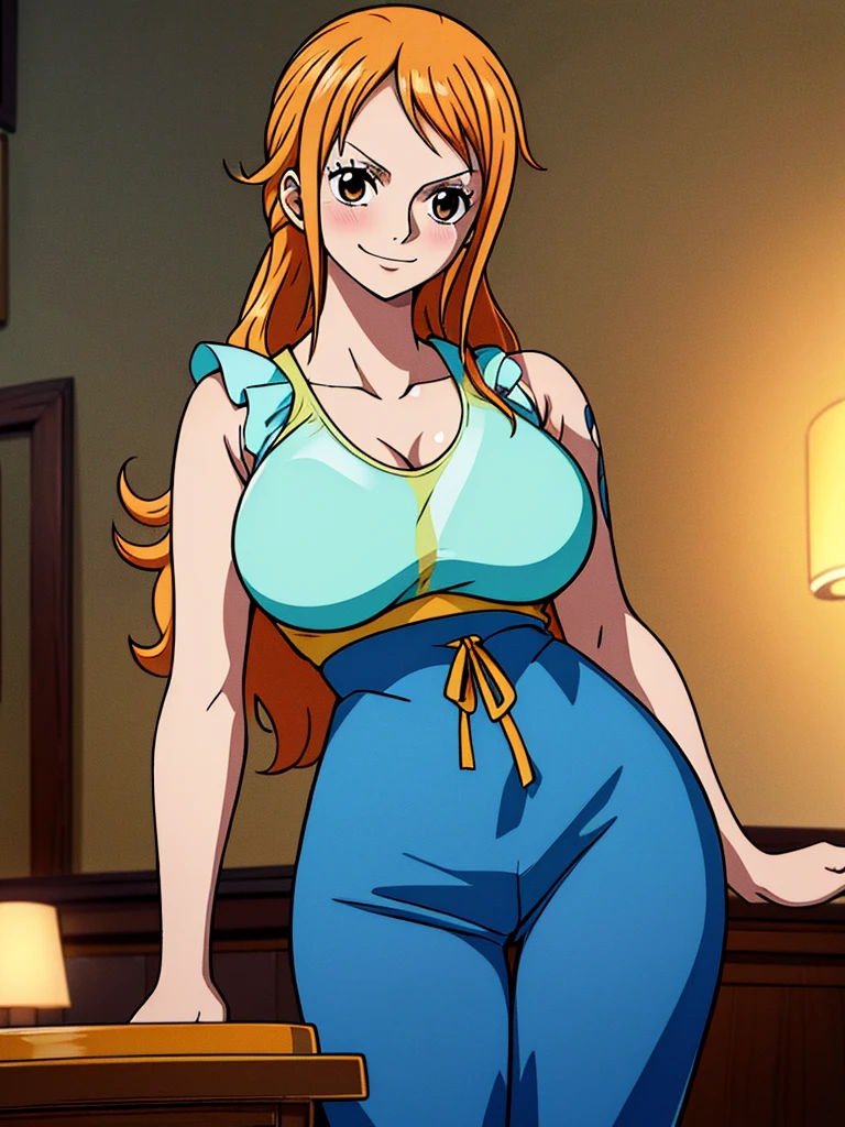 Nami from One Piece naked, no clothes, her nipples are showing, Orange hair, brown eyes, 8k, Perfect quality, big thighs, big boobs.