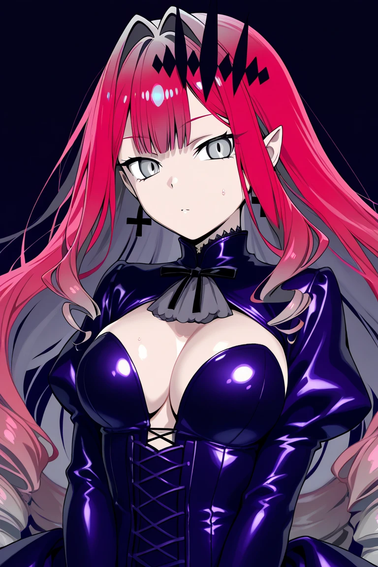make me a female, 18 years old, pink long hair, purple eyes, she's smiling softly, big breasts, revealing black outfit