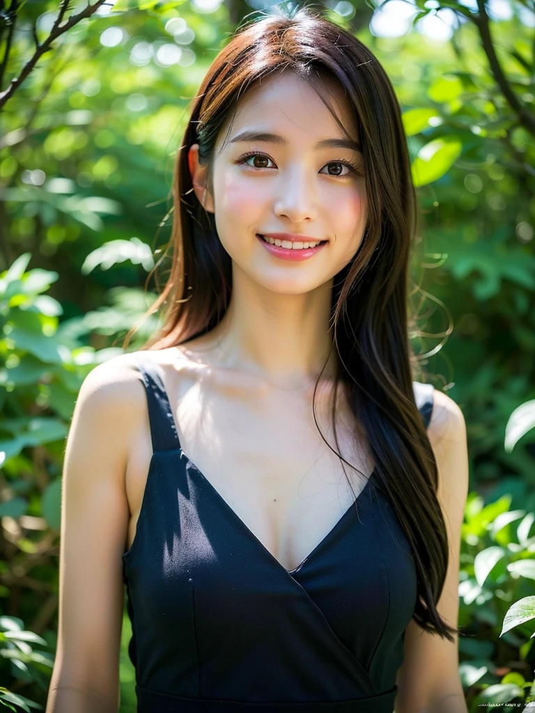 (Best-quality, Masterpiece, Ultra-High-Resolution, (Photorealistic:1.4), Raw Photo,  depth of field, professional lighting, perfect anatomy, extremely details), 

(((Side view))),

(1girl, 15-years-old, the most famous Japanese idol), 

(extremely cute face like the most popular Japanese idol, ((extremely cute and extremely big black-round-eyes)), extremely beautiful black-long-hair, ((extremely beautiful skins)), extremely cute long-eyelashes, extremely cute lips), 

(wearing sleeveless-shirt with cute-design), 

(looking at viewer, innocent smile), 

((Fancy-brassiere that show a bit through armhole of sleeveless-shirt-with-cute-design))