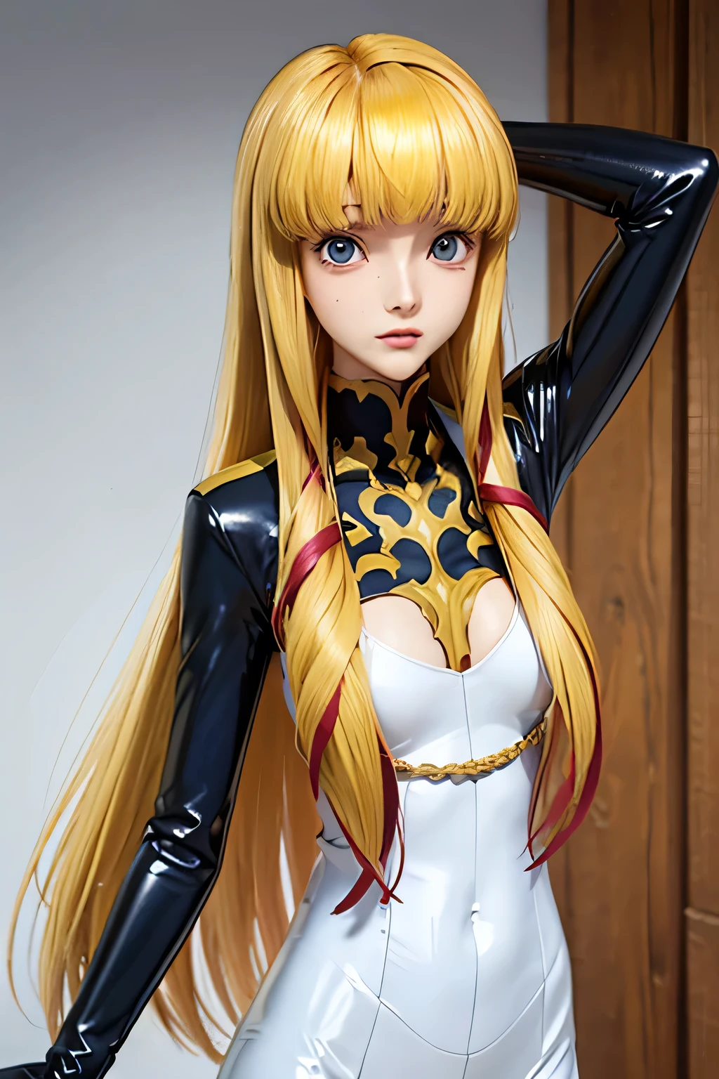 perfect anatomy　Highest Quality,highest resolution,(((shiny latex white military uniform　Blonde　long hair　straight 　trimmed bangs　Dark blue eyes　sweat　shiny skin　flat chest)))　code geass　Monica Kruszewski