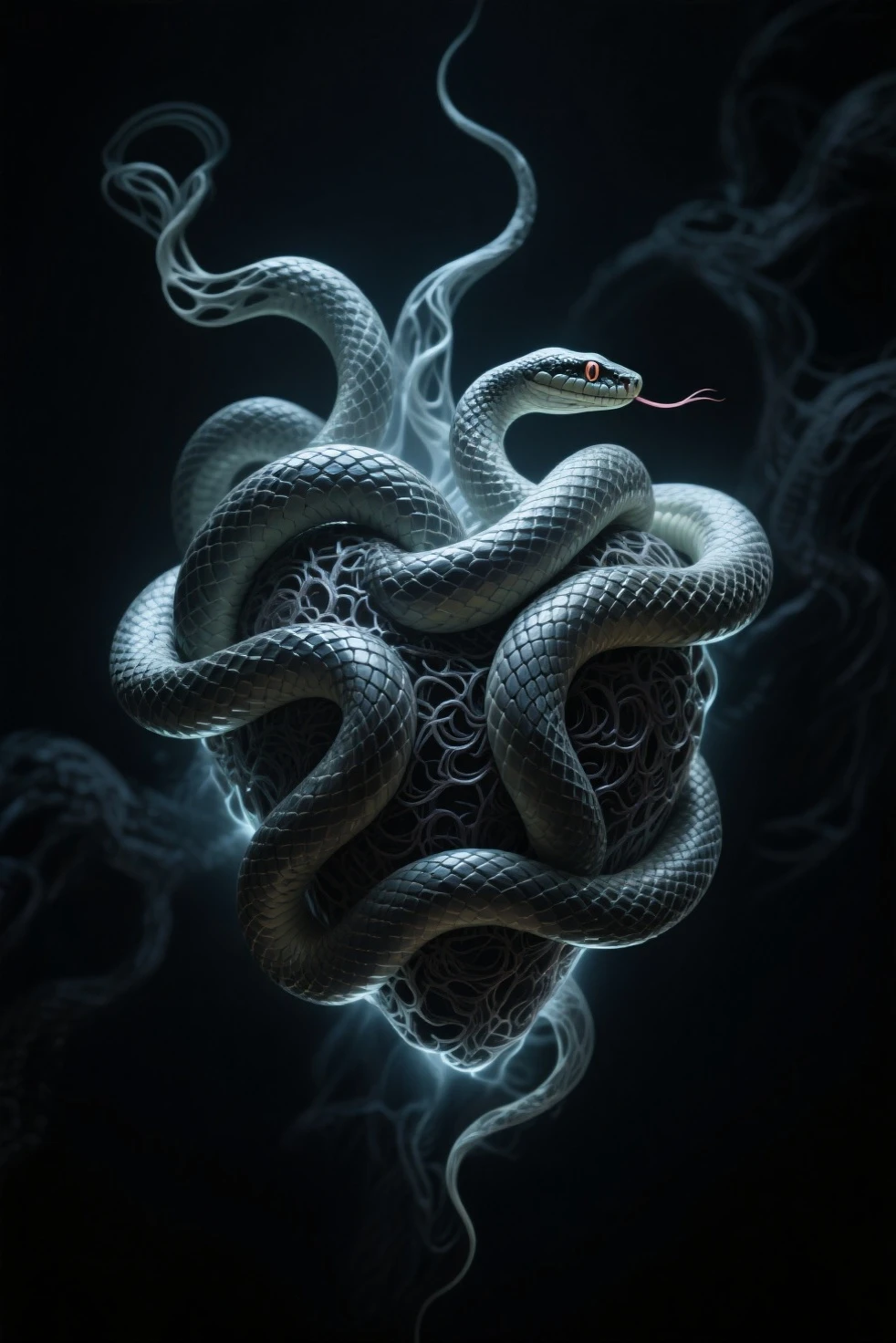a depiction a snake bout to strike made out of blue glowing fiber optics and ral-copperwire, wildlife photography, <lora:ral-copperwire:1>