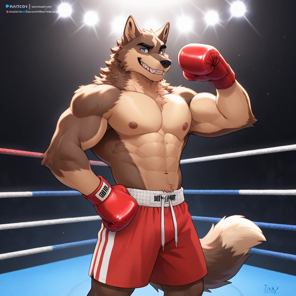 ((best quality)), ((masterpiece)), (detailed), perfect face, Furry, 24 years old, size 12.5 feet, Anthropomorphic wolfdog, 70% Wolf, 25% Tamaskan wolfdog, 5% Dingo, 6'7 and 233 lbs, 50" Chest, 21" Shoulders, 17" Biceps, 36" Waist, 25" thighs, 17" calves, 20" back, orange fur, red fur on tips of his ears, red fur at the end of his tail, red hair, mohawk hairstyle, red eyes, shirtless, wearing black compression shorts, barefoot, wearing black bandana around forehead, wearing red boxing gloves, eight abs, well defined abs, flexing bicep, on hand hip, smirking, looking proud, acting cocky, gym scene, 25" bulge, dynamic lighting, perfect shading, soft shading, soft colors, vivid colors, pastel colors 