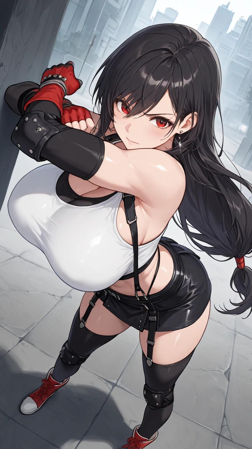 (Cute female), 18yo, (Tifa:1.2) (from Final Fantasy), long black hair, (string white top:1.2), (underneath black bikini:1.1) with (strapless), (wet), (wet hair), (busty:1.1), (sweaty:1.2), (perfect natural breasts), (detailed hand and finger:1.1), visible stomach, wearing (black gloves), (high leather boots:1.1), (detailed face and eyes:1.2), (huge breasts:1.1), (deep cleavage:1.1), (labia outline:1.2), (teat outline:1.2).