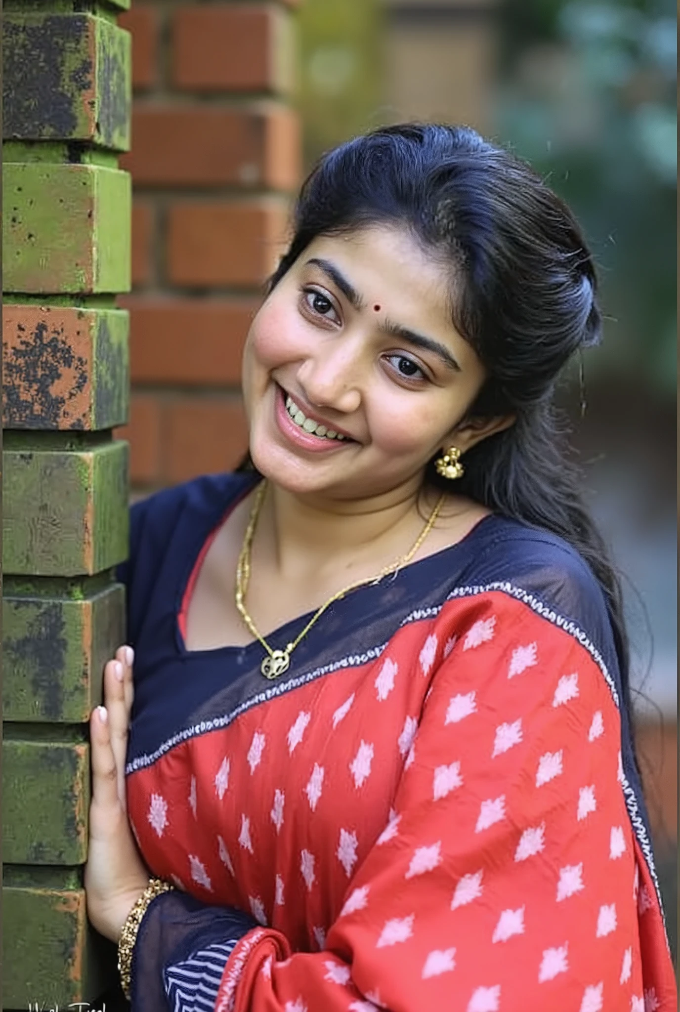 A woman leans gently against a moss-covered brick pillar, dressed in a vibrant red saree embellished with a delicate pattern. The saree's border features a contrasting dark blue shade with white details, enhancing its elegance. Her black hair is styled neatly back, showcasing a graceful neckline adorned with a subtle gold necklace, which includes a heart-shaped pendant. One of her hands rests on the pillar, with gold bangles shining softly on her wrist, complementing her attire. The blurred background suggests an outdoor setting, likely in a serene garden or park, with lush greenery and dappled sunlight adding warmth to the scene. The overall composition conveys a sense of poise and tranquility.