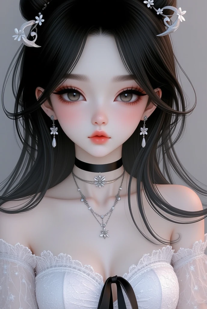 Top quality masterpiece illustrations、Black hair and black eyes、Wearing multiple necklaces、Wearing earrings、Little girl in black and white formal dress looking up、Cute and elegant face with long hair in the upward view. The angle of the lower body is fair.、More hair details、Wide Angle、