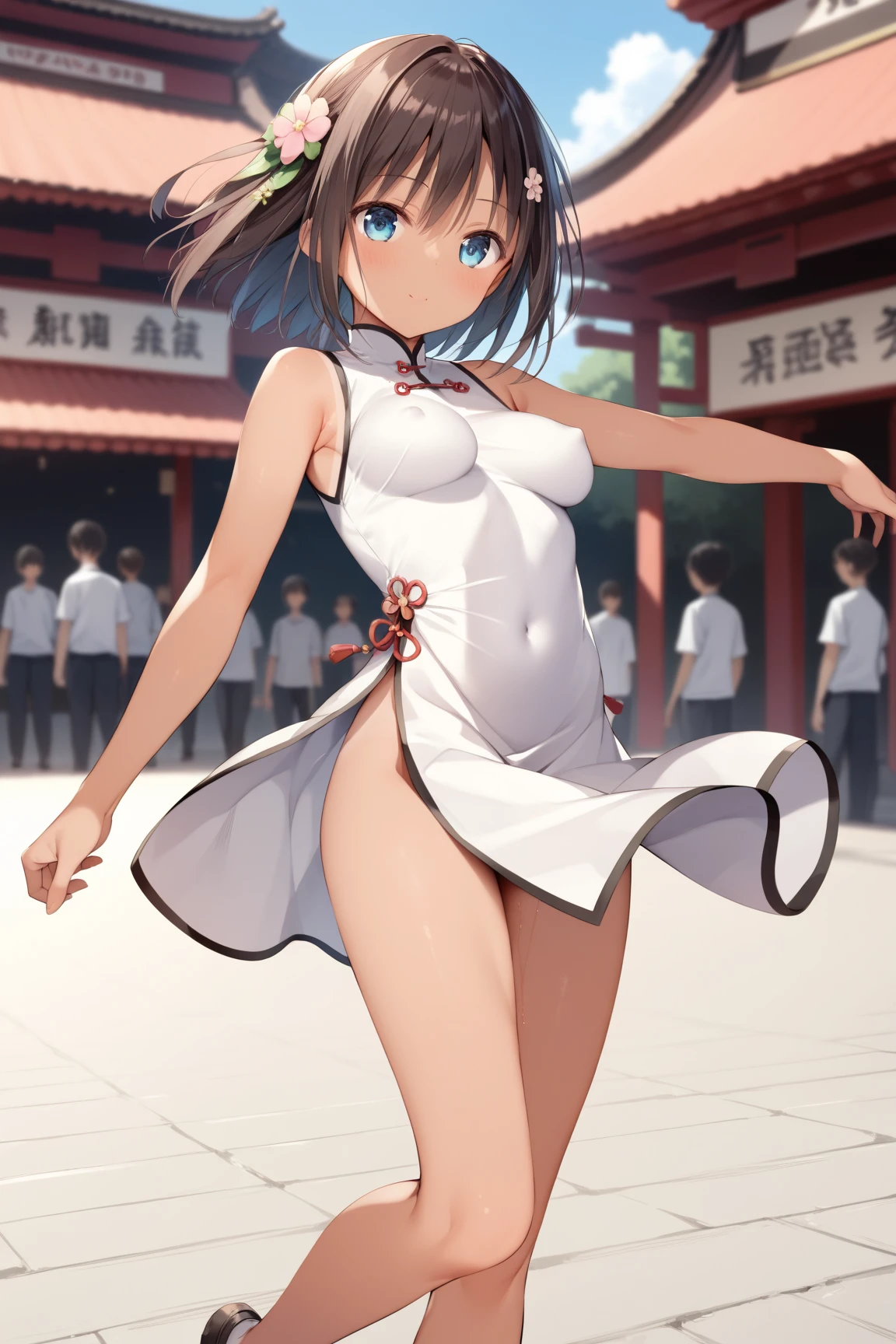 menina_megumin_konosuba dog,,((completely nude:1.4)),,flat chest,,erect nipples,,,(skirt lift,lift by self:1.4),,cleft of venas,no panties,short hair, brown hair, dog ears red eyes, detached long sleeves, white kimono, pleated miniskirt, dogtail diffuse sunlight, depth of field, light particles, strong wind, blue sky, shrine, stone stairs, falling flower petals, facial focus、