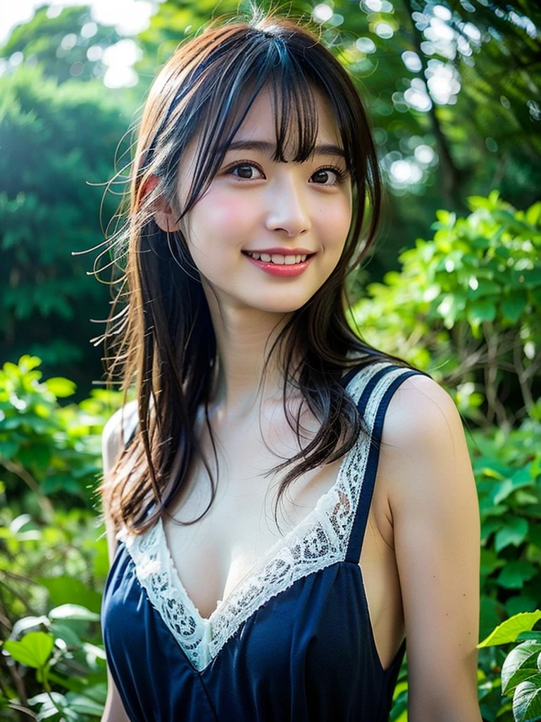 cute,  アイドルのようにcute16歳少女、Smiling Kindly、、Height: 150cm、Small breasts、Cleavage、Nipples are visible、Forest campsite at night、Dim lighting、bonfire、whole body、RAW Photos、Genuine、Real、Realスティック、Raw photo、High resolution、Life、No copyright notice