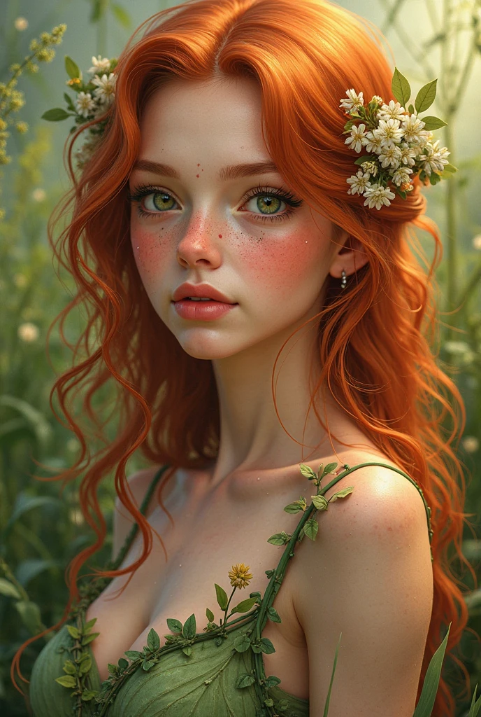 Woman, native of Pennsylvania, very fair skin, greeneyes, hippy, involved with magic, red hair freckles, happy face, fully body, realisitic