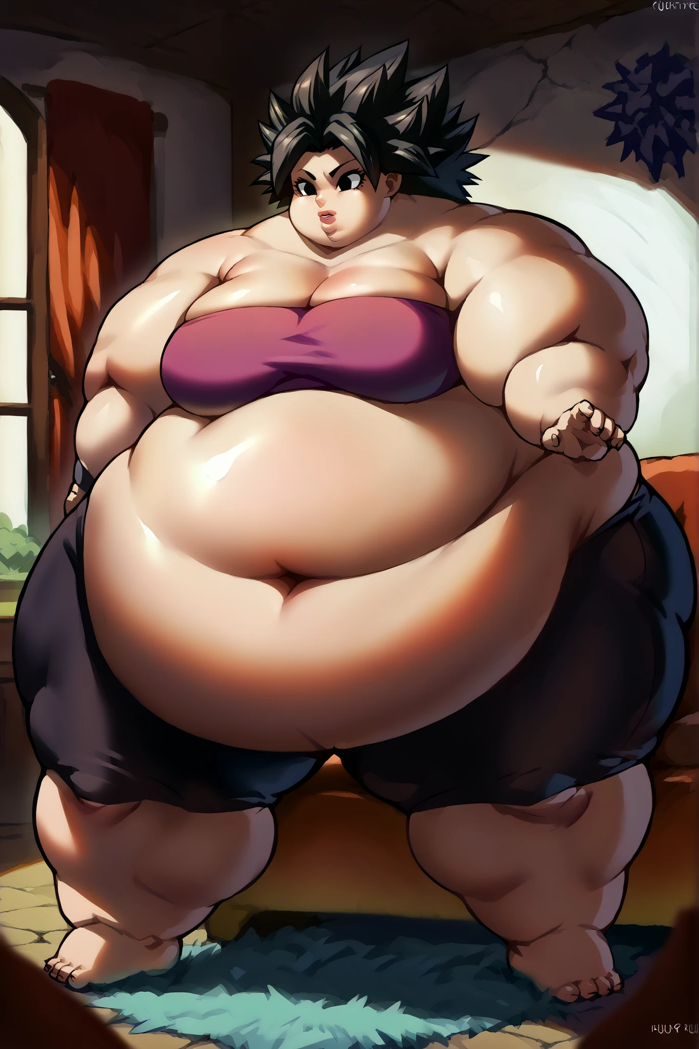 Anime Women, Lady、Black Hair、Forehead、Long braids、Glasses、Hanging eyes、Brown eyes、Are fat、Chubby、Voluptuous、obesity、Double chin、Cheek、Fat-covered neck、Big Breasts、Saggy breasts、Thick upper arms、Fat Belly、tall、Brown Unitard、Brown training tights、sneakers、Gloss、Sweat、Embarrassed、School