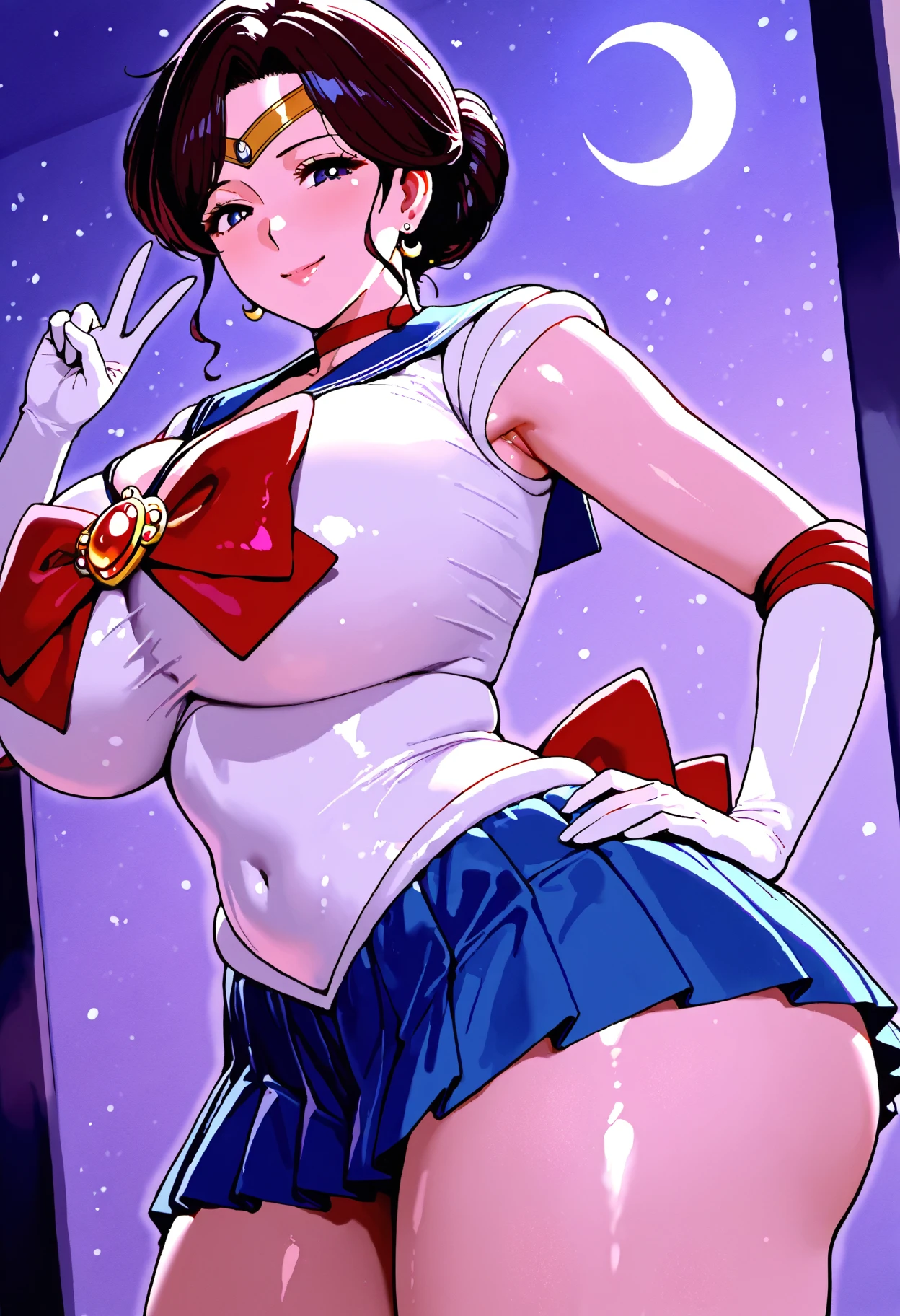A chubby girl with freckles and glasses, black hair tied back, dressed as Sailor Moon, wearing white gloves and red boots, and a shy expression in her room.