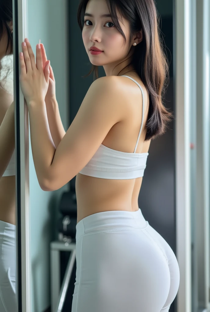 (Tabletop,supreme beauty,masterpiece,Dynamic Angle,Depth of written boundary,135mm,Super detailed,high quality,Awards,最high quality,High resolution,8K,Beauty,Idol,Realistic,Photorealistic,Correct skeleton,Biologically correct),(put a white towel around your neck:1.5), (Shorts:1.3),Cleavage,(Black background),(Beautiful back:1.2),(Side Shot),(Big Ass)
