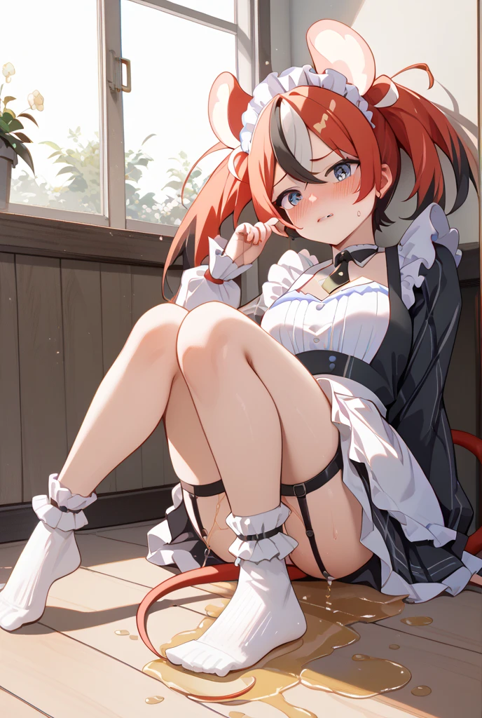 M-shaped legs、Maid Cosplay、1girl in、((glowy skin))、((cum on chest))、crouching down、opens legs、Opening legs、Thin panties、looking at the viewers、face to viewer、Ruined restroom、red hairs