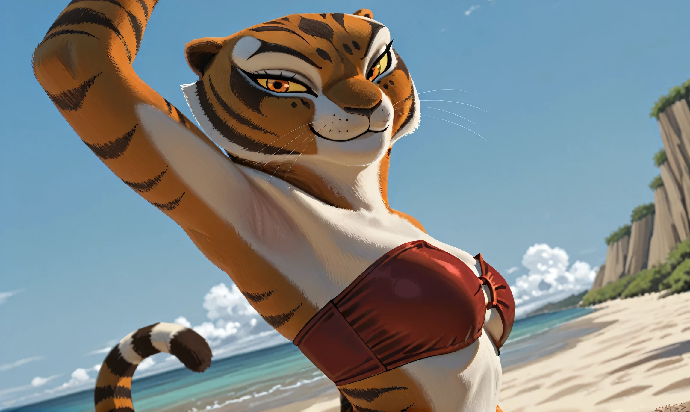 anime coloring, masterpiece, best quality, amazing quality, 1girl, solo, yellow sclera, orange eyes, m4stertigr3ss, tail, red bikini, strapless bikini, arm up, raised arm, armpit, armpit focus, head towards viewer, looking at viewer, direct eye contact, smile, closed mouth, outdoors, day, beach, from side, from below, sky