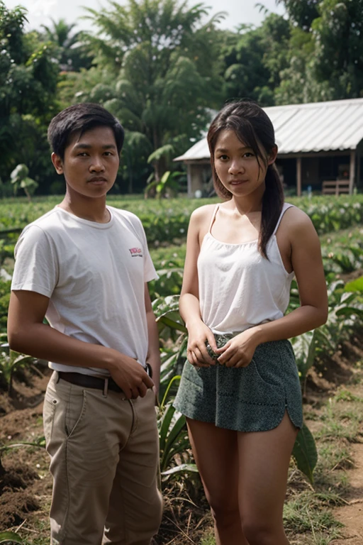 professional portrait photograph, Portrait of a young Indonesian husband and wife couple, woman with long flowing hair, wearing summer clothes, and handsome man with short undercut hair wearing trail clothes, adventure costume, driving an off-road jeep trail. The atmosphere of the muddy road, splashes of mud and the speed of the Jeep on the muddy road. Full HD Landscape Photography Results. Stunning panorama, with extreme and tropical natural weather