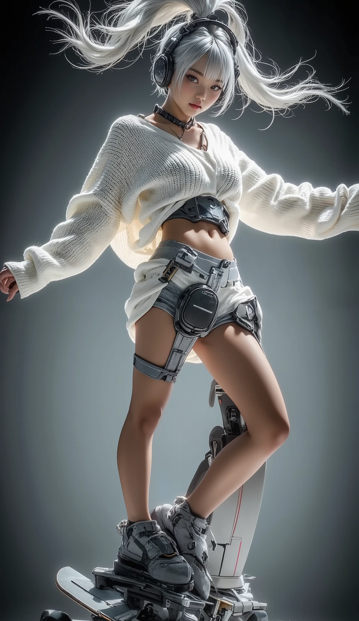 A young Asian woman, about 20 years old, in a loose knitted sweater of snow-white color, demonstrating a relaxed athletic pose. Short light grey shorts with elegant designer inserts complement her outfit. Large in-ear headphones emphasize the futuristic aesthetic. Her expression is focused, determined, almost serene. Long, loose, light gray hair is gathered in a high ponytail, slightly fluttering in the wind. She performs a skateboard trick with her legs slightly raised and dynamically balancing on a skateboard in futuristic robot-style sneakers. The sneakers are a muted gray color, decorated with mechanical details and futuristic design elements. The studio is in semi-darkness, and the spectacular lighting scheme creates a sharp contrast between light and shadow, emphasizing the dynamism of the subject's actions and poses. The scene is shrouded in a hazy atmosphere, which slightly blurs the background, highlighting the subject. The lighting highlights the smoothness of the lines and curves of the body, while creating a light glow. The overall mood is energetic and futuristic, hinting at a combination of stylish athleticism and technological progress. Foreshortening is a dynamic low-angle shot that emphasizes the focus on action at the moment. The style is modern, with elements of photorealism and high energy of movement. Attention to detail. Wide dynamic range. Motion blur is very subtle.