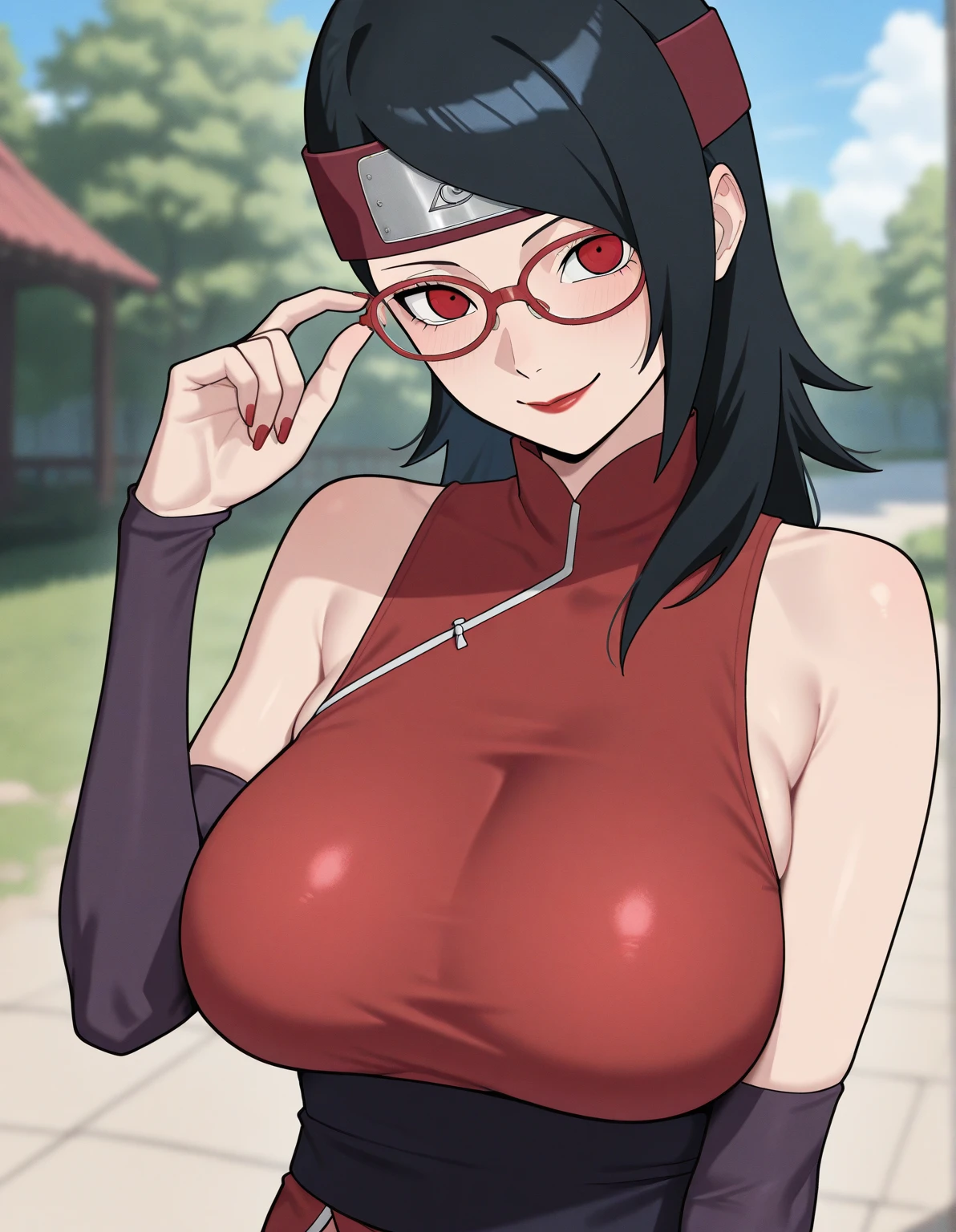 ((The best quality)), ((Masterpiece)), (detailed), Perfect face, sexy, attractive, ((4k)), big tits, sarada uchiha, Big breasts, Clothes, dressed, sfw