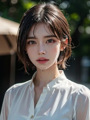 (Best quality, 4k, Masterpiece :1.3), pretty woman, 1girl, sexy :1.1, dark brown hair: 1.1, (rainy wet, wet from rain, wet body :1.2), white tank tops, ultra-detailed face, detailed lips, detailed eyes, double eyelid