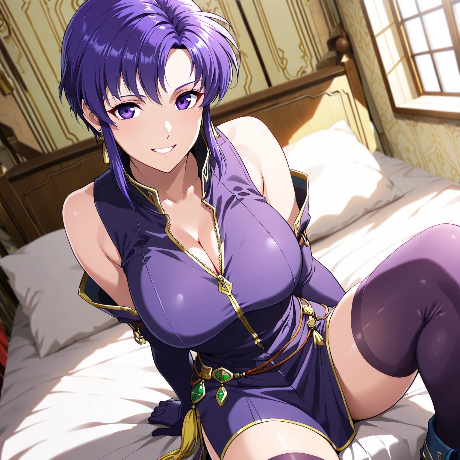 (masterpiece, High resolution, Highest quality:1.3), Professional artwork, 8K, Very detailed, complicated, Vivid image, Sharp focus, Trending on pixiv
Aishwaryalei, alone, Mature Woman, 40 years old, Mature Woman, Curvy, (Dark Skinned female:1.2), (Dark Skin:1.1), Verbal invitation, View your viewers,
Purple Hair, Long Hair, ponytail, (Hair on one eye:0.8), Circlet, Purple lips, compensate, Green Eyes, Hoop Earrings, Lock, Perfect Eyes, Perfect Face, Ultra detailed hair, Detailed face,(Sleep on your back on a luxurious bed),Spread your legs