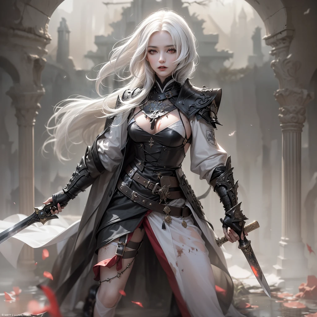 (character design sheet: 1.5) by larry elmor, extremely beautiful female vampire, blond hair, long hair, red eyes, pale skin, wearing intricate dress, holding a (sword: 1.1), high details, best quality, 16k, RAW, [best detailed], masterpiece, best quality, (extremely detailed), full body, ultra wide shot, photorealistic, dark fantasy art, goth art, RPG art, D&D art, aHigh Detail, Ultra High Quality, High Resolution, 16K Resolution, Ultra HD Pictures, Ultra Realistic, Clear Details, Realistic Detail, Ultra High Definition hihelz