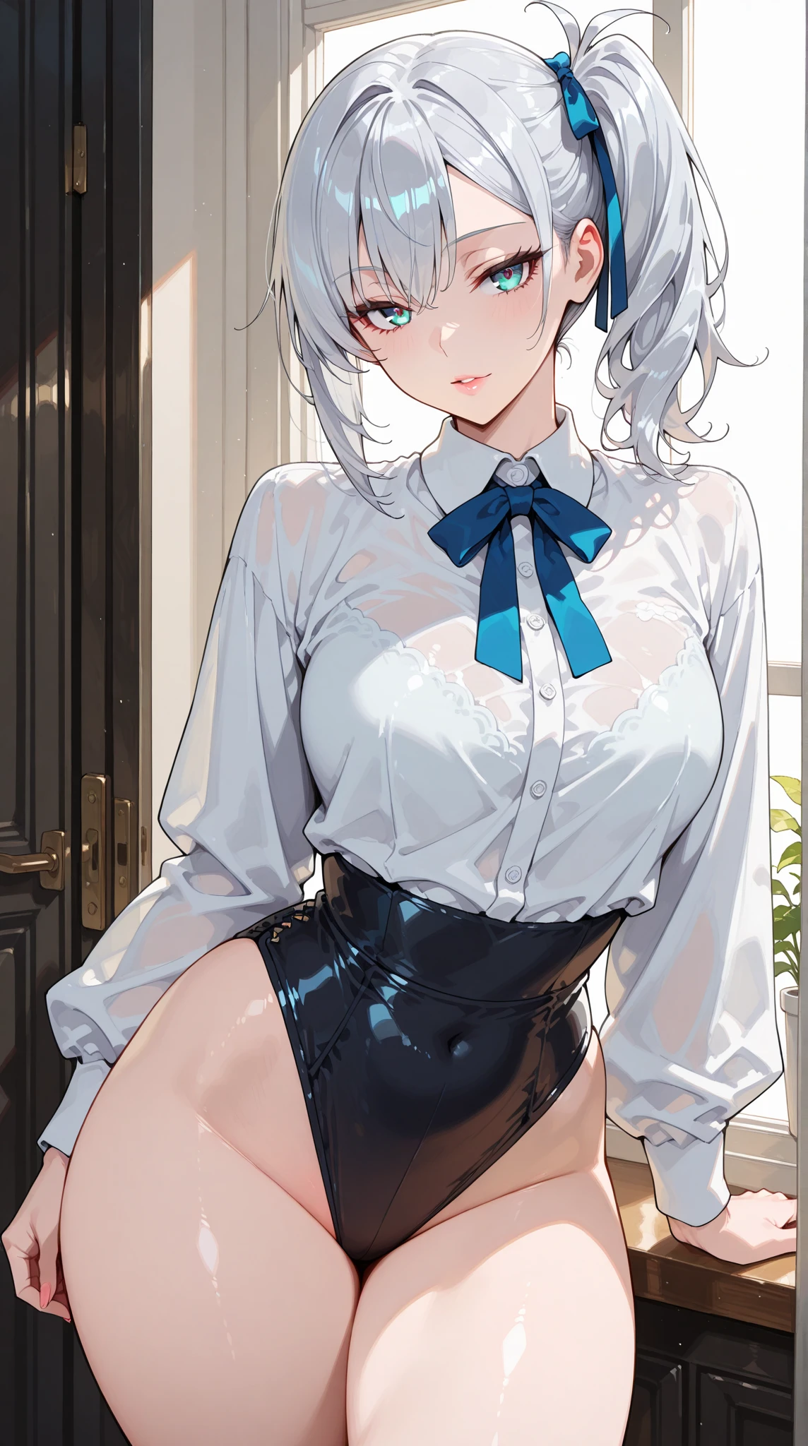 Highest quality、super high quality、16K, Delicious breasts、Facial expressions are random、Location is a school、 Hair color is silver hair、The pose is with the butt facing the viewer.、The distance is random、Angle from below、Small face、Very delicate facial expressions、Delicate eye depiction、Highly detailed hair、Erotic、18-year-old female、Glowing Skin、Soft Skin、The only sexy Japanese woman、The clothes are random female teacher clothes、1 female